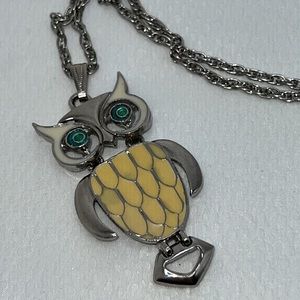 Retro Owl Pendant Necklace Silver-Tone Metal With Enamel